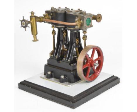 Stuart D10 twin cylinder live steam engine with spoked flywheel and displacement lubricator, height 17cm