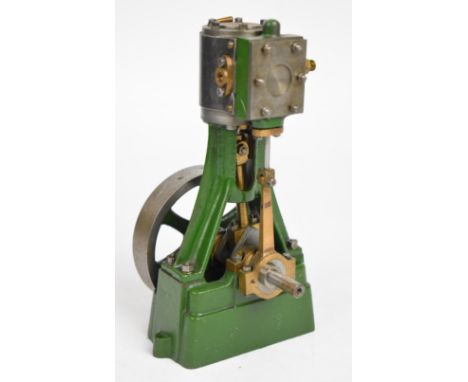Stuart 7A vertical single cylinder live steam engine, with spoked flywheel, on wooden base, height 19cm