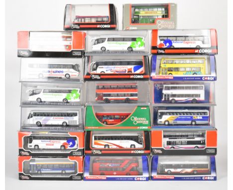 Twenty Corgi 'The Original Omnibus Company' 1:76 scale diecast model buses, liveries include National Express, Thamesdown, Ci