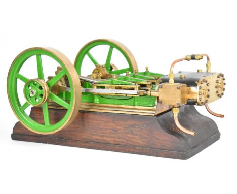 Victorian or early 20th century style twin cylinder live steam mill engine with twin spoked flywheels, on wooden base, overal