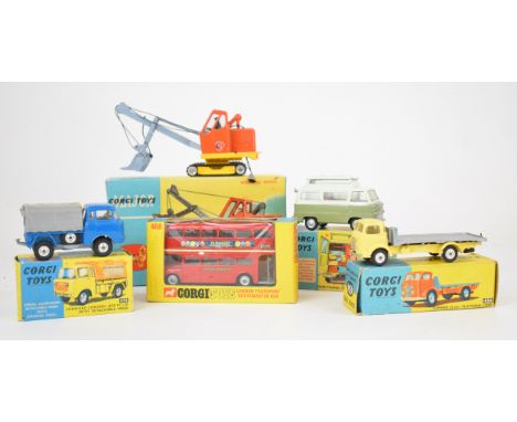 Five Corgi Toys diecast model trucks, vans and similar comprising, Forward Control Jeep FC-150 470, Ford Thames Airbourne Car