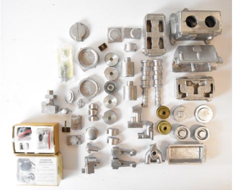 Edgar Westbury Hermes twin cylinder OHC petrol engine aluminium castings, pair of toothed belt pulleys and a boxed minimag ma