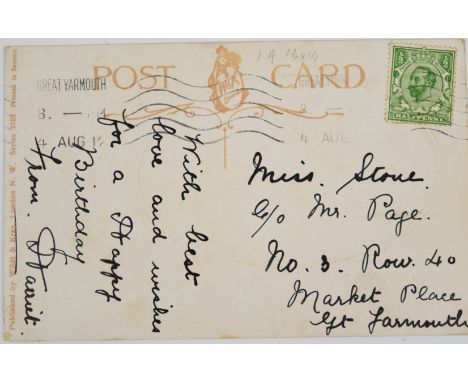 1911 &frac12;d die 1A watermark crown with perf 14 error, used on picture postcard tied by Great Yarmouth machine cancel, 4th