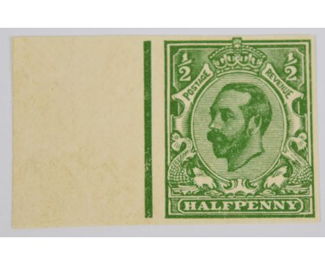 1922-1922 &frac12;d green, left marginal imperf plate proof, on multiple cypher watermarked paper, large part original gum wi