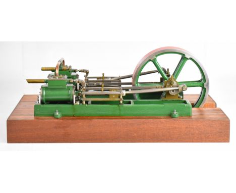 Stuart twin Victoria live steam twin cylinder mill engine with spoked flywheel with grooves for drive belts, on wooden base, 