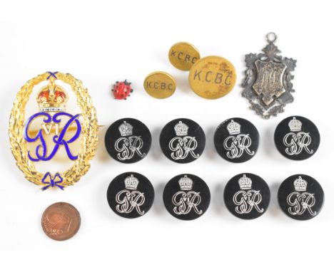 Gilt metal and enamel George VI brooch badge, probably Honorary Chaplain to the King, George VI livery buttons, silver fob et
