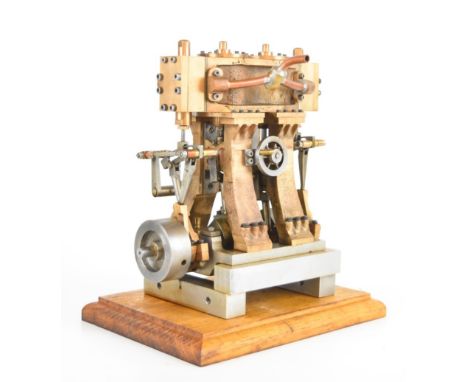 Twin cylinder live steam marine style engine with solid flywheel, hand wheel controlled Stephenson's link reversing gear and 