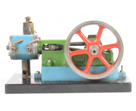 Stuart 10H live steam single cylinder engine with displacement lubricator and twin cylinder drain cocks, driving a spoked fly