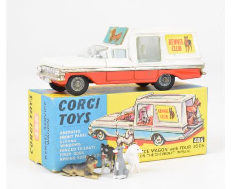 Corgi Toys diecast model Kennel Service Wagon with four dogs, red/white body, sky blue interior, silver hubs and 'Kennel Club