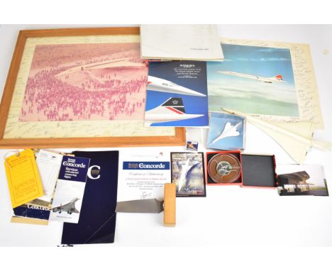Concorde collectables to include engine turbine blade with certificate, models, two signed photographs, likely signed by Filt