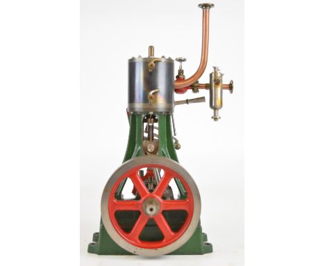 Stuart No. 4 vertical single cylinder live steam engine with spoked flywheel, displacement lubricator, engine turned valve ch