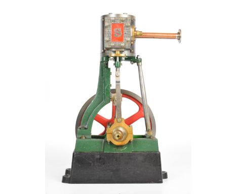Stuart No. 1 vertical single cylinder live steam engine, with spoked flywheel, engine turned valve chest cover and twin cylin
