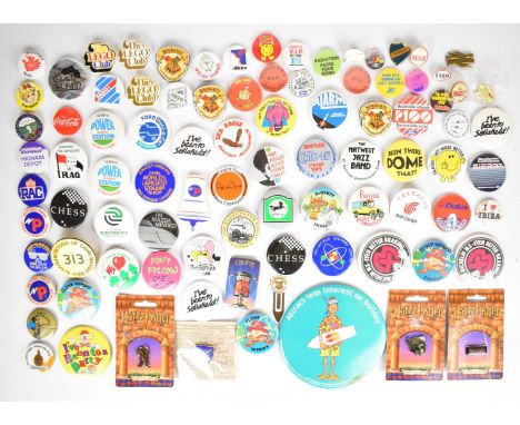 Collection of retro / vintage advertising / promotional badges including Harry Potter, Flowers IPA, Wimpy, Coca Cola, Lloyds 