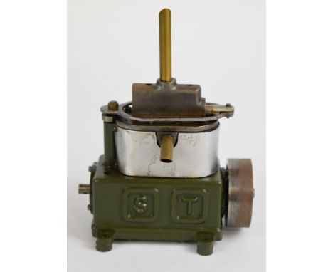 Stuart Sun twin cylinder enclosed live steam engine with displacement lubricator and turned solid flywheel, overall length 12