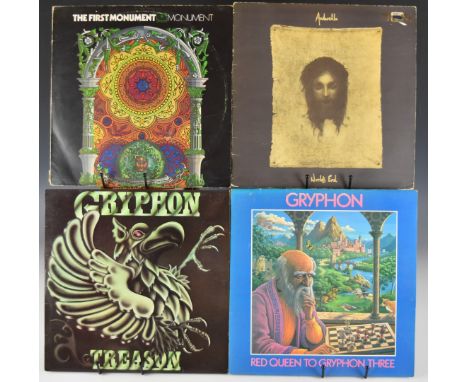 Eight Prog Rock/Folk Rock LPs, some rare and obscure, includes The First Monument UK 1st on Beacon Records, taped seam on cov