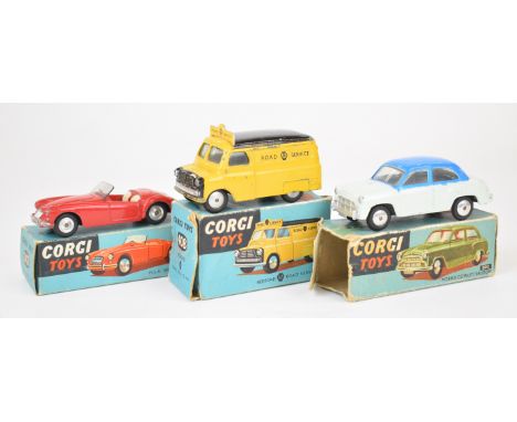 Three Corgi Toys diecast model cars comprising Morris Cowley Saloon, 202, MGA Sports 302 and Bedford AA Road Service Van 408,