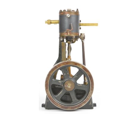 Vertical single cylinder live steam engine in the style of a small Stuart No 1, with spoked flywheel, height 19.5cm