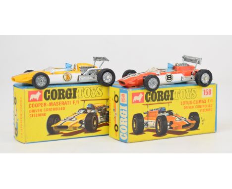 Two Corgi Toys diecast model racing cars comprising Lotus Climax F1 158 and Cooper-Maserati F1 159, both in original boxes.