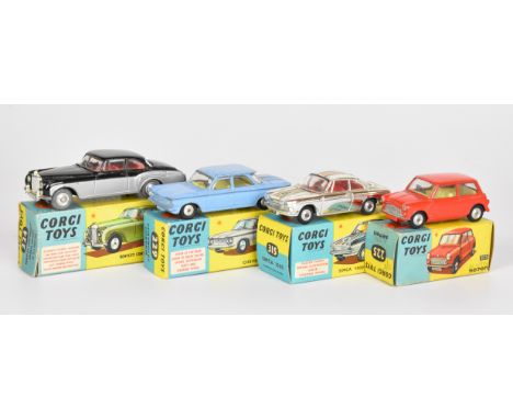 Four Corgi Toys diecast model cars comprising Simca '1000' Competition Model 315, Chevrolet Corvair 229, Austin Seven 225 and