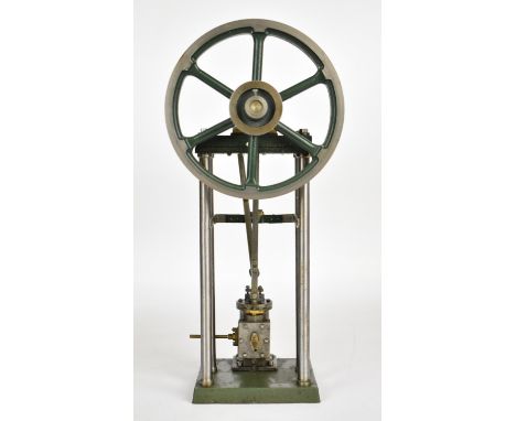 Stuart Real inverted single cylinder live steam engine with turned column supports, driving a spoked flywheel, height 39cm