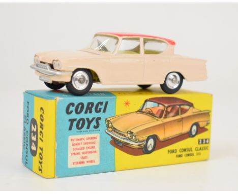 Corgi Toys diecast model Ford Consul Classic 315 with two tone pink body/roof and lemon interior, 234, in original box.
