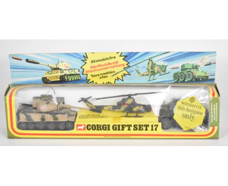Corgi Toys diecast model Gift Set 17 comprising Tiger Mk.1 Tank, Bell AH-1G and Saladin, GS 17, in original window box.