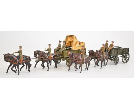Two Britains Royal Army Medical Corps horse drawn ambulances comprising sets 145A and 1450 (steel helmets).