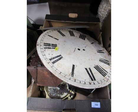 Two clock dials, together with a drop dial wall clock, a cuckoo clock and a brass cased clock