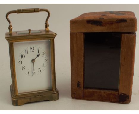 A cased repeating carriage clock, with enamel dial and leather covered travelling case
