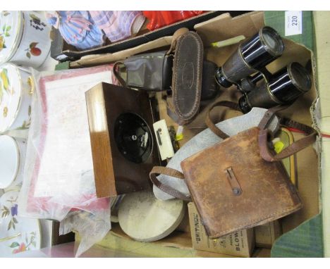 A box of assorted items, to include binoculars, pocket blow lamp, maps etc&nbsp;