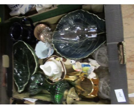 A box of assorted ceramics and green pressed glass oil lamp bas with clear glass chimney