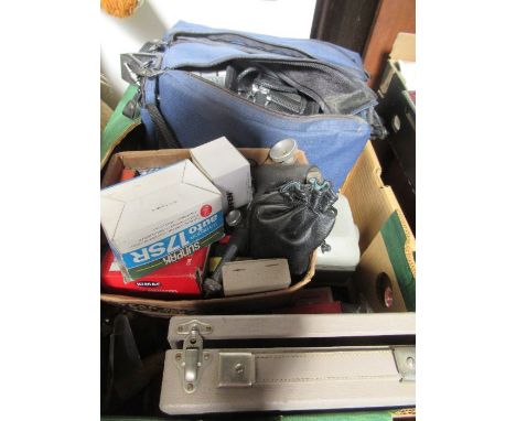 Box of various vintage cameras and accessories