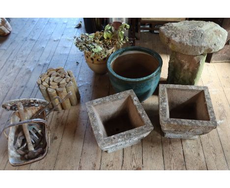 A pair of garden pots, together with other garden pots, tools, etc.
