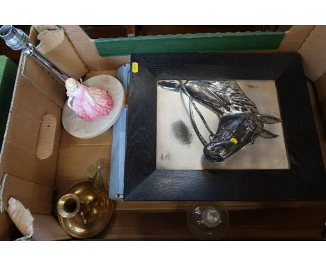 A framed relief molded metal plaque of a horses head, together with a lamp mounted with a Royal Doulton figure and other item