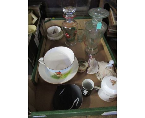 A Royal Crown Derby over sized breakfast cup and saucer, decorated with a hunting scene by J D Preal, together with other cer