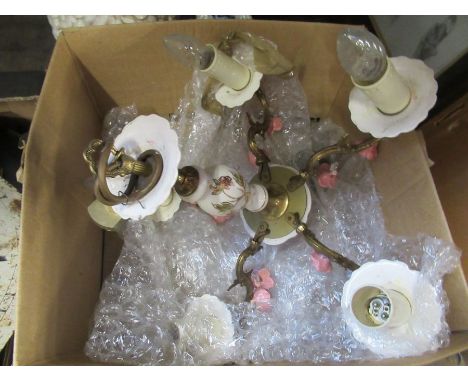 A gilt metal and porcelain hanging light fitting, together with a pottery comical dog, two large vases, one modelled as an ow