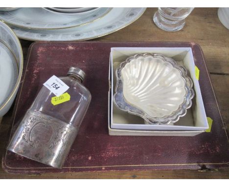 A silver plated cased set of fish knives and forks, together with a butter dish and a hip flask