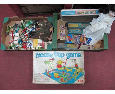 Action Man Figures, Matchbox die cast planes, Corgi Rolls Royce, Ledo etc, Chad Valley empty boxes, doll etc:- Two Boxes. Mou