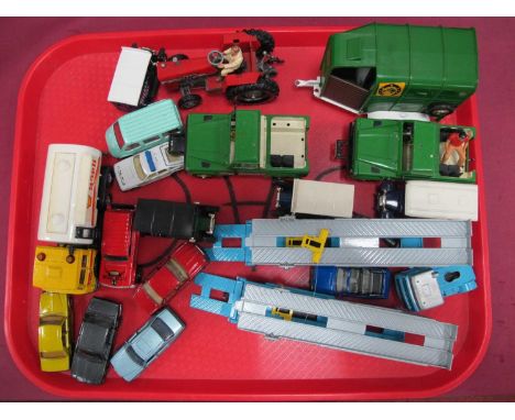 Corgi Double Car Transporter, Britains die cast tractor, land rovers, horse trailer, Matchbox petrol tanker:- One Tray.