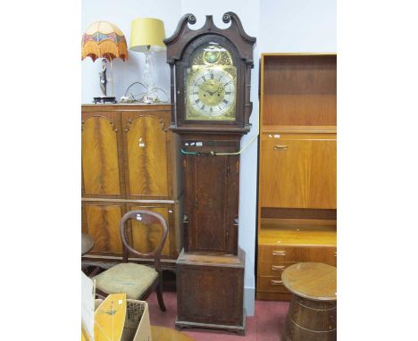 Early XIX Century Oak &amp; Mahogany Longcase Clock, with swan neck, hood, arched glazed door (dam), inlaid canted corners to