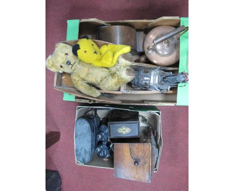 Copper Kettle, clock, gold plush teddy, Sooty puppet, Rosewood tea caddy, binoculars, Victory V red Indian tin, etc:- One Tra