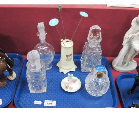 Two Blue Enamel Topped Hat Pins, 24cm high, two others, three glass scent bottles and vingar bottle, ceramic ring tree:- One 