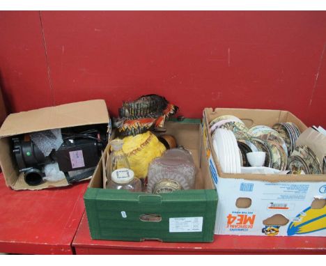 Ceiling Light, RWA pump (untested sold for parts only), feather hats, collectors plates, Poole coffee ware, etc:- Three Boxes