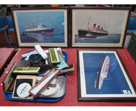 Cruise Line Memorabilia, including Cunard, Model QE2, coasters, compact, etc:- One Tray:- plus Three Prints.