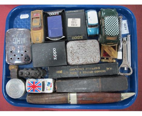 Richard Graves &amp; Sons Sheffield Cut Throat Razor, Zippo lighters, Bowie knife, etc:- One Tray.