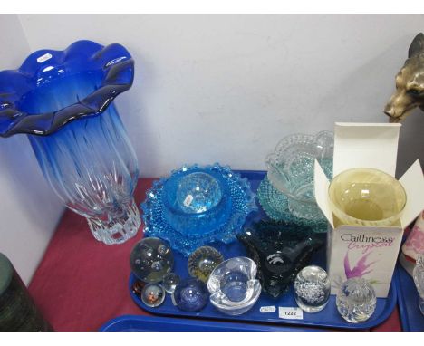 ER Bowl, Caithness, Voletta and Holmegaard Paperweights, blue glass bowls:- One Tray. Large blue wavy tinted glass vase, 34cm