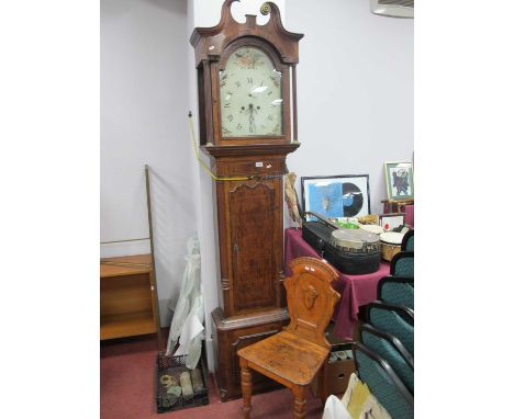 XIX Century Oak &amp; Mahogany Longcase Clock, with swan neck hood, reeded pilasters, eight day movement, painted white dial 