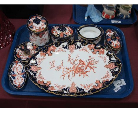 Royal Crown Derby 2712 Imari Pattern Trinket Set of Seven Pieces, including ring stand, oval tray.