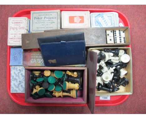 Chad Valley Plastic Chess,, turned wooden example, dominoes, playing cards:- One Tray.