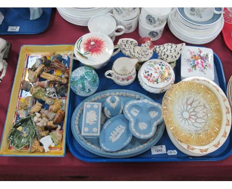 Wedgwood Powder Blue Jasper Ware, Derby posies trinket box, Doulton Bunbbykins oval dish, etc:- One Tray, Wade whimsies on tr